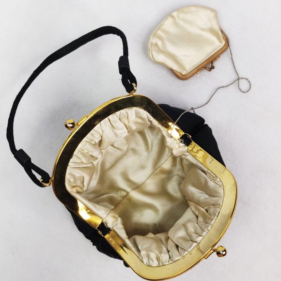 Vintage 1940s DECO Style Black Evening Bag Clutch Attached Chantelle Coin Bag - Picture 9 of 9